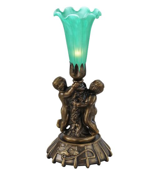 12" High Green Pond Lily Twin Cherub Mini Lamp